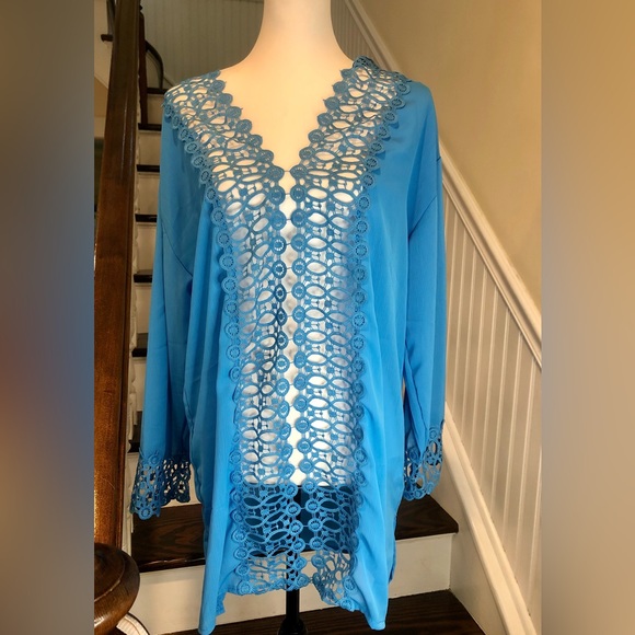 Blue Crochet Hollow Out V-Neck Coverup Dress OSFM